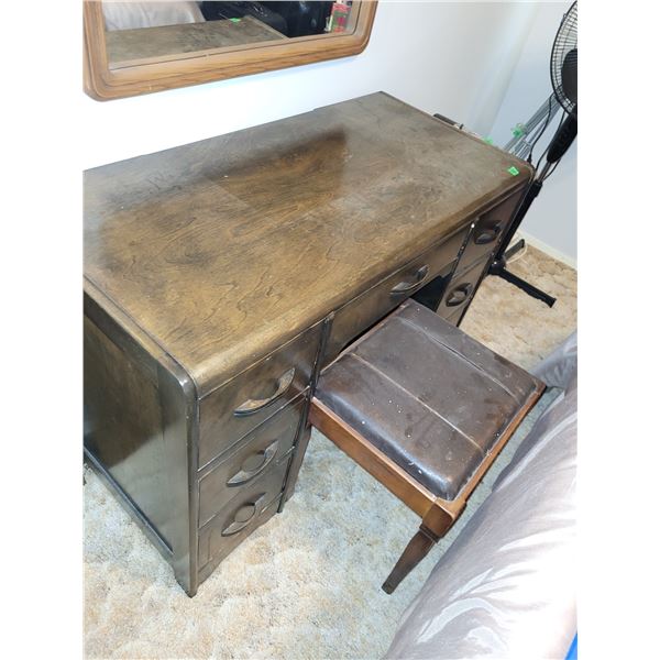 Antique Norwegian Darkwood Desk + Chair (sewing chair) - Desk Measures 41.5x20x29.5" Stool Measures 