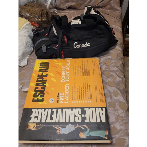 Vintage Escape-Aid All Steel Fire Ladder in Box + Roots Cnaada Travel Duffel Bag