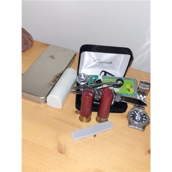 Random Guys Goodie Lot - Swiss Army Watch, Tool, Knife, Shells etc