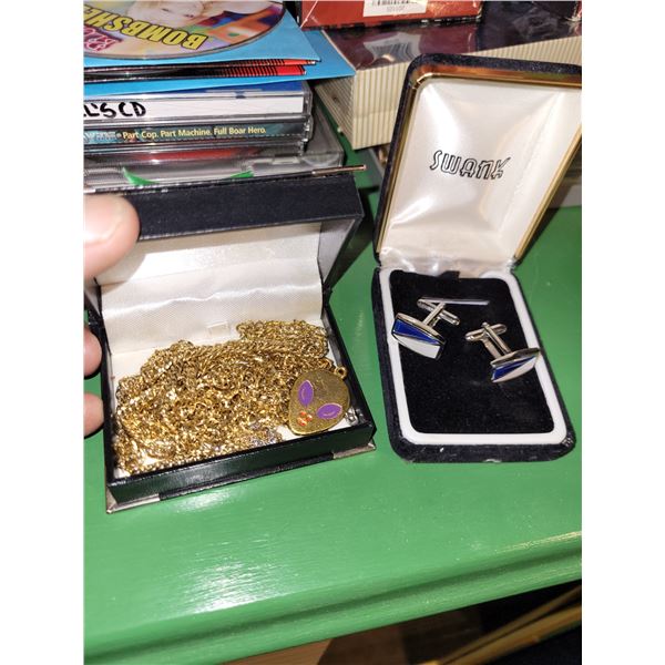 Small Jewellery Lot - Cuff Links; Long Heavy Gold Chain (no markings on it) Silver Duck and 10K RL (