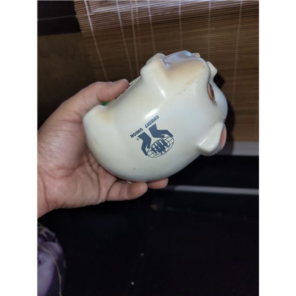 Small Vintage Credit Union Piggy Bank with Coins