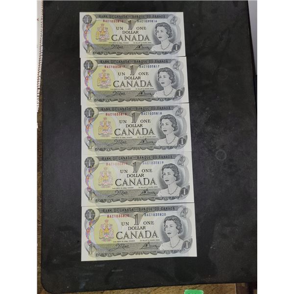 Lot of 5 Consecutive $1 Canada Banknotes