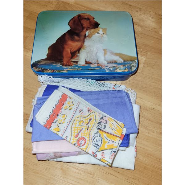 Vintage Bluebird Confectionary Tin with 1940s/1950s Napkins Hankies