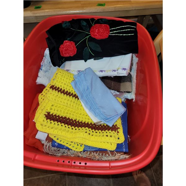 Large Red Tote Full with Vintage Table Linens, Woll & other Scarves and 1940s Pillow Cover