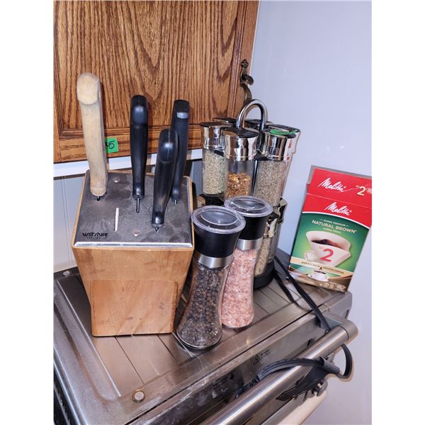 Knife Block with Contents, 12 Piece Spice Rack, Himalyan Salt & Pepper Grinder + Coffee Filters
