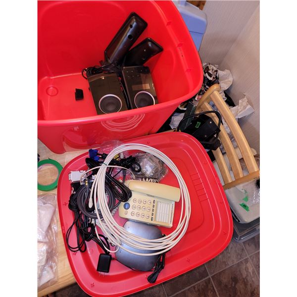 Large Red Tote with Various Electronics & Cords - Logitech Computer Speaker System + Vintage Metal F