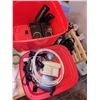 Image 1 : Large Red Tote with Various Electronics & Cords - Logitech Computer Speaker System + Vintage Metal F