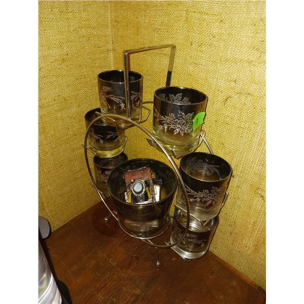 Vintage MCM Vitreon Queens Lusterware, Etched Silver Rose, Cocktail Ferris Wheel Set With Ice Bucket