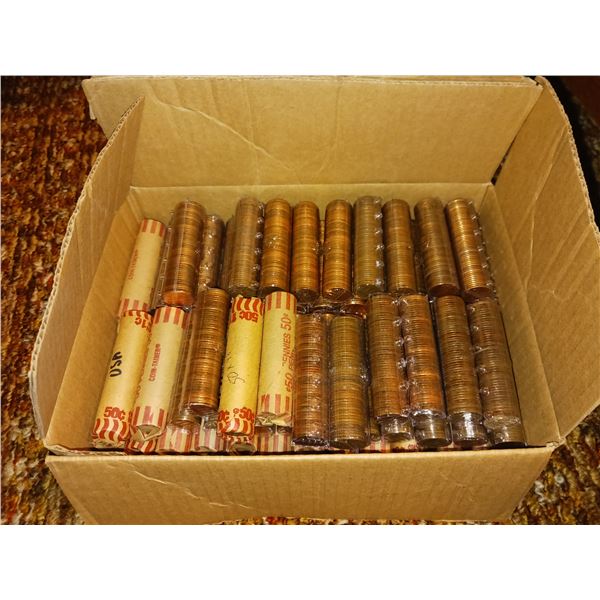 Box Full Of Rolls of Pennies - Copper, US and Canada - 4 Deep