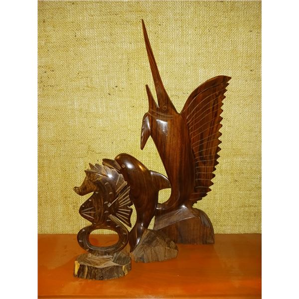 3 Ironwood Carvings Sailfish, Dolphin & Seahorse