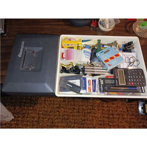 Cash Box + Tray of Office Stationary Items