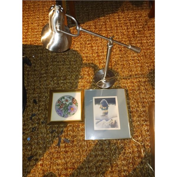 Framed Morning Swim Print by Andrew Valko + Lamp + Embroidered Decor