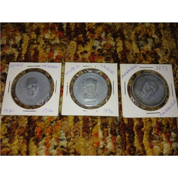 3 Toke Medallions, Arthur Meighen 1920-26, Wilfrid Laurier 1896, Alexander Mackenzie 1873