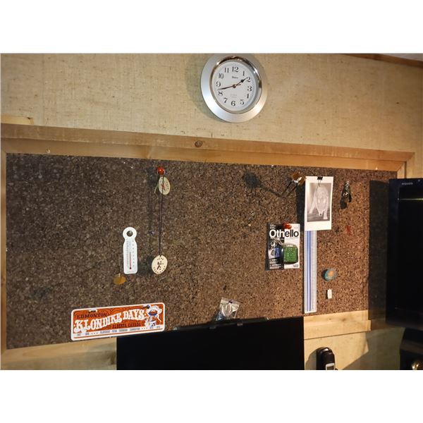 Remainder of Contents on Walls/Cork Board - World Coin Bracelet, Bullitt Print, Boomerang, Oil Rig P