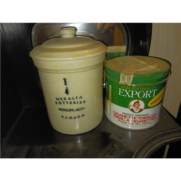 Lot Of Medalta Potteries, Redcliffe Alta Canada 1/4 Crock Jar with Lid & Vintage Macdonald's Export 