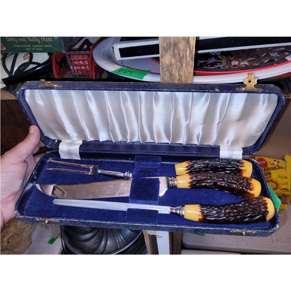 Vintage Sheffield Carving Set Faux Antler Handle