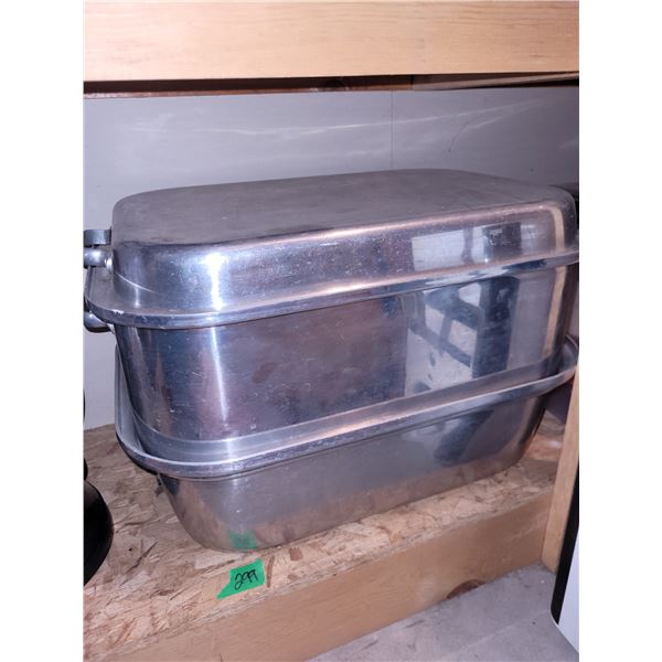 Contents of Lower Shelf - Vintage Cookware, Includiing Double Roaster & Few Stock Pots