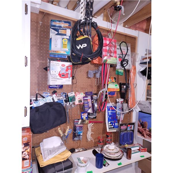 Lot of Items Hanging on Peg Board with Pegs