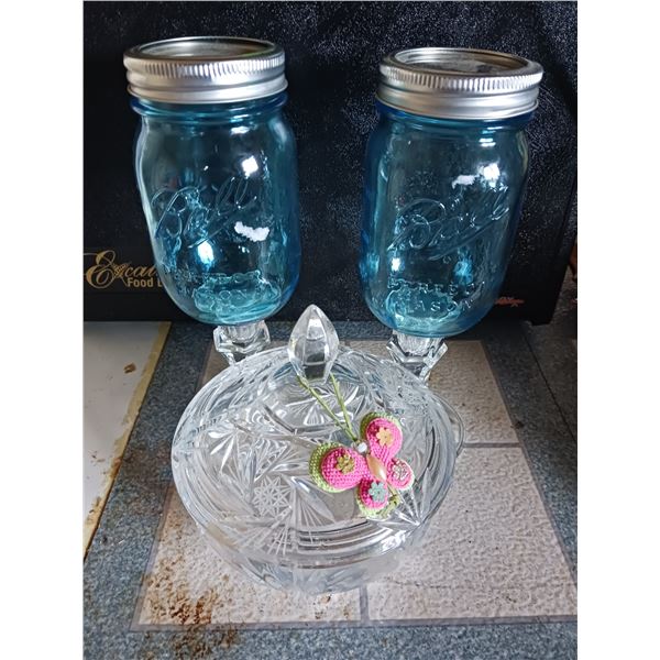 Lot Of Glass Items, 2 Vintage Mason / Wine Jars by Ball & Glass Candy Dish