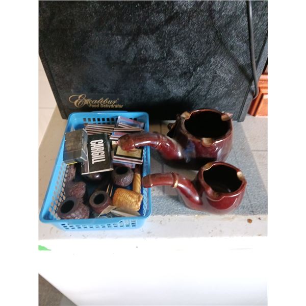 Smokers Lot, 2 Pipe Shaped Ashtray Ceramic Brown Drip Glaze, Basket Of Wooden Pipes & More