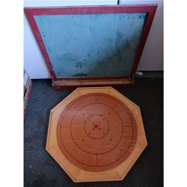 Vintage Crokinole Wood Game & Vintage Wall Mounted Chalkboard