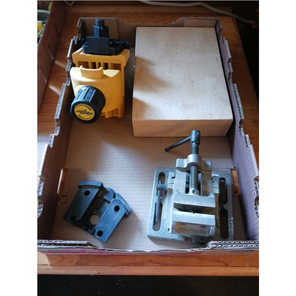 Box Of Workbench Items, Angle Vise & More