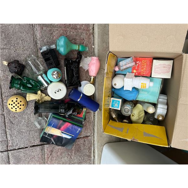 Box with Vintage Avon Items - Perfume/Cologne Bottles +