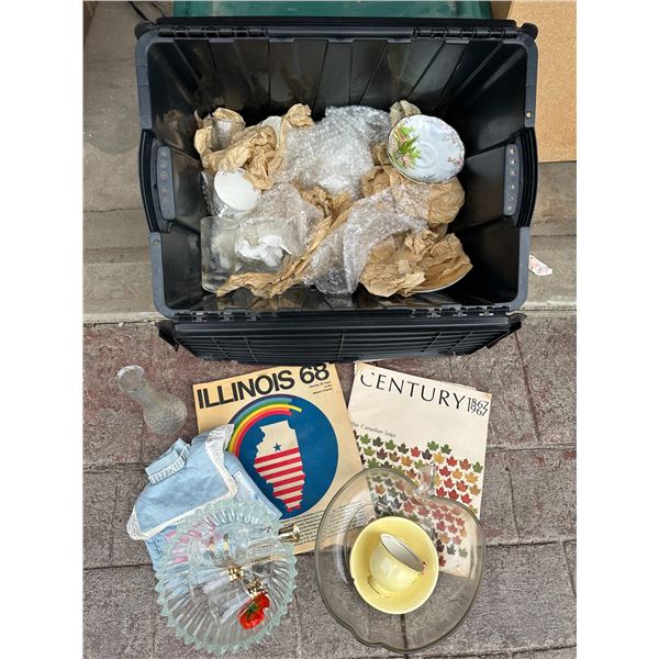 Tote with Estate Items - Teacup + Other Glass Items