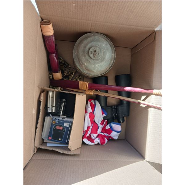 Estate Box of Goodies - Vintage Gas Can, Binoculars +++