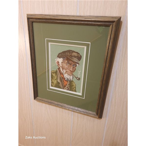 Framed Behind GLass Old Man Needlepoint Picture