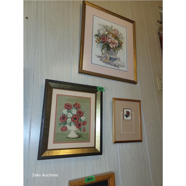 Lot of 3 Vintage Embroidered Needlepoint Framed Pictures