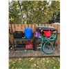 Image 1 : Lot 3 Plastic Shelving Units with Contents - Hose, Crate, Water Barrel, Sod or Mulch