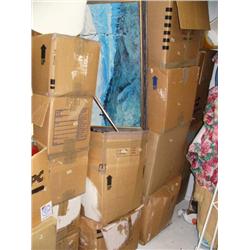 Lot of: Approx. 16 boxes of estate merchandise including Sydney Laurence print (227)