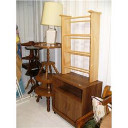 Lot of 6 end tables, lamp, TV stand, shoe rack and rocking chair (227)