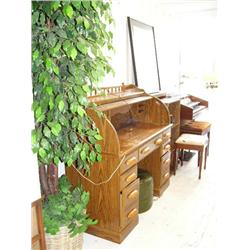 Roll top desk, fake tree, 2 bookcases, framed picture, electric organ and 2 stools (227)