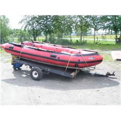 Inflatable Achilles skiff with trailer, 25hp Evinrude, anchor, oars, 2 gas jugs, fishing pole holder
