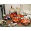 Image 2 : Whole shelf of: milk glass, Alaska stein, bookends, collector's teapots, brass, copper wear, blue de