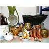 Image 6 : Whole shelf of: milk glass, Alaska stein, bookends, collector's teapots, brass, copper wear, blue de