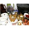Image 7 : Whole shelf of: milk glass, Alaska stein, bookends, collector's teapots, brass, copper wear, blue de