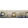 Image 1 : Top shelf of Blue Willow dinner wear, cut and pressed glass vases, crystal bowls, brass picture fram
