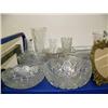 Image 2 : Top shelf of Blue Willow dinner wear, cut and pressed glass vases, crystal bowls, brass picture fram