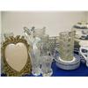Image 3 : Top shelf of Blue Willow dinner wear, cut and pressed glass vases, crystal bowls, brass picture fram