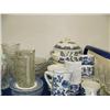 Image 4 : Top shelf of Blue Willow dinner wear, cut and pressed glass vases, crystal bowls, brass picture fram