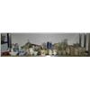 Image 1 : Middle shelf of blue and white dishes, teapots, clock, milk glass, tea set pressed glass, etc. (227)