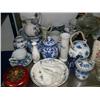 Image 2 : Middle shelf of blue and white dishes, teapots, clock, milk glass, tea set pressed glass, etc. (227)