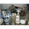Image 3 : Middle shelf of blue and white dishes, teapots, clock, milk glass, tea set pressed glass, etc. (227)