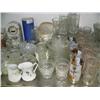 Image 6 : Middle shelf of blue and white dishes, teapots, clock, milk glass, tea set pressed glass, etc. (227)