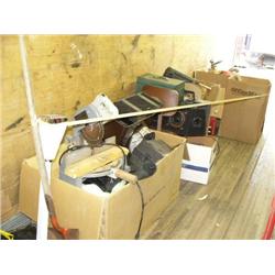 Lot of: shovel, scales, Rockwell miter box, sleeping bags, assorted drills, saw, tool box, CD's, VCR