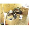 Image 1 : Lot of: shovel, scales, Rockwell miter box, sleeping bags, assorted drills, saw, tool box, CD's, VCR