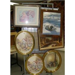 Lot of 6 framed pictures: cat, seal, houses, original oil by M. Young (227)